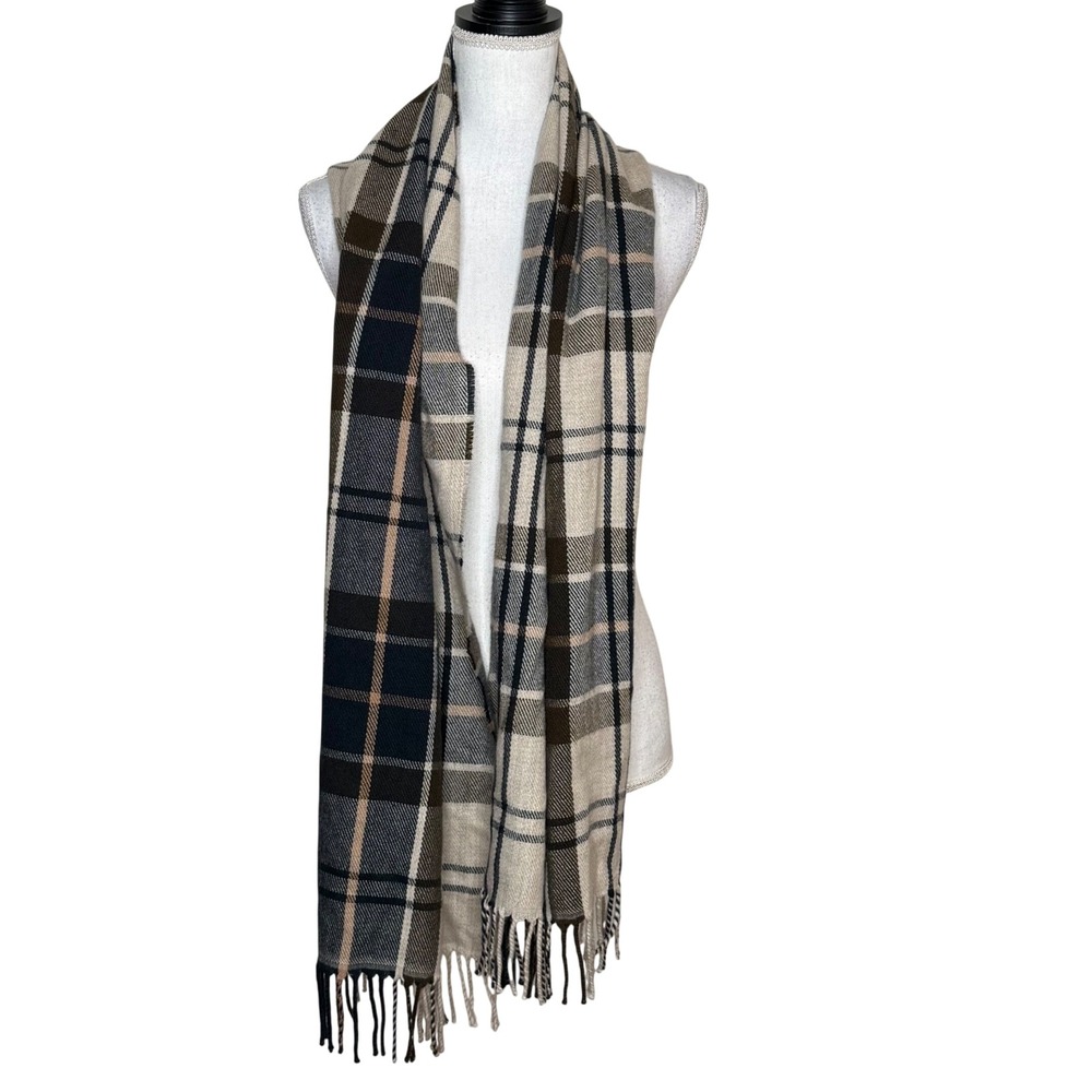 J.Crew Plaid Scarf Tan Navy Fringed Soft Wrap Preppy Dark Academia Heritage